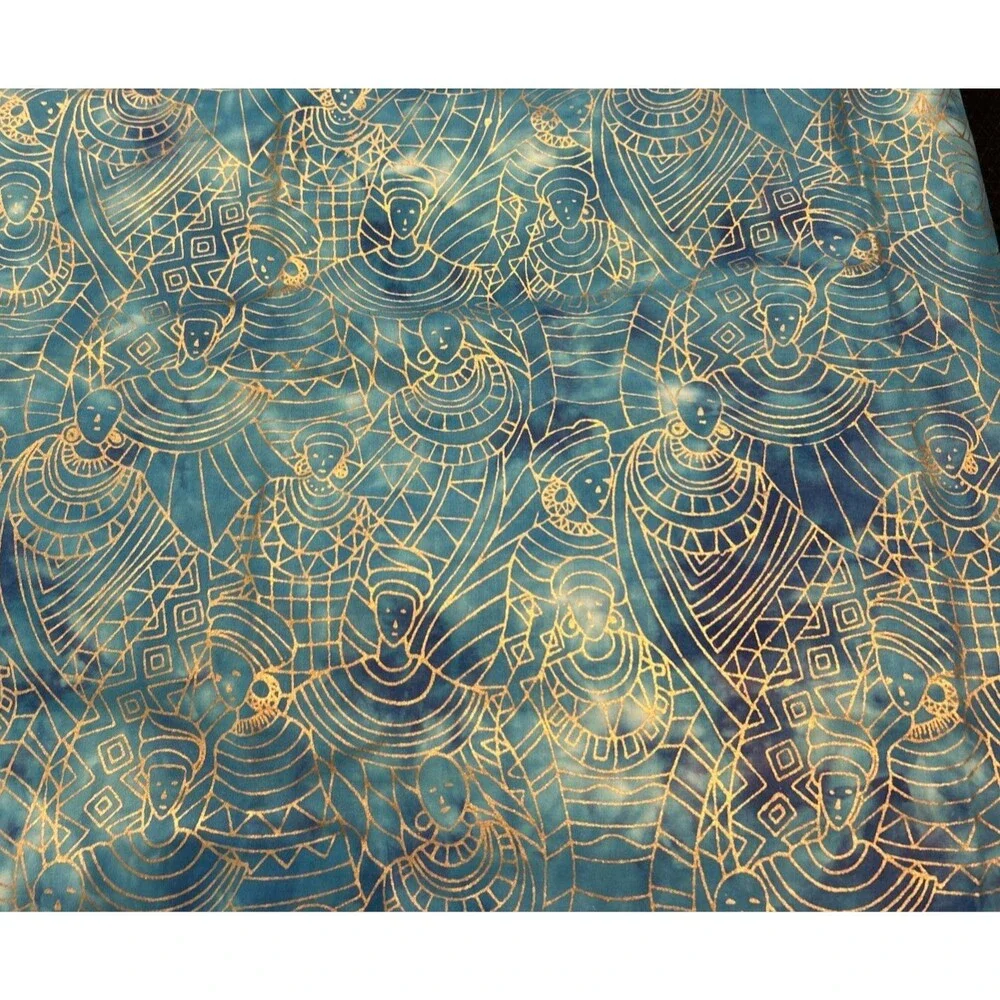 Cotton Quilting Fabric Tribal Print Batik Blue Goddess Gold Outline 3.3 Yd